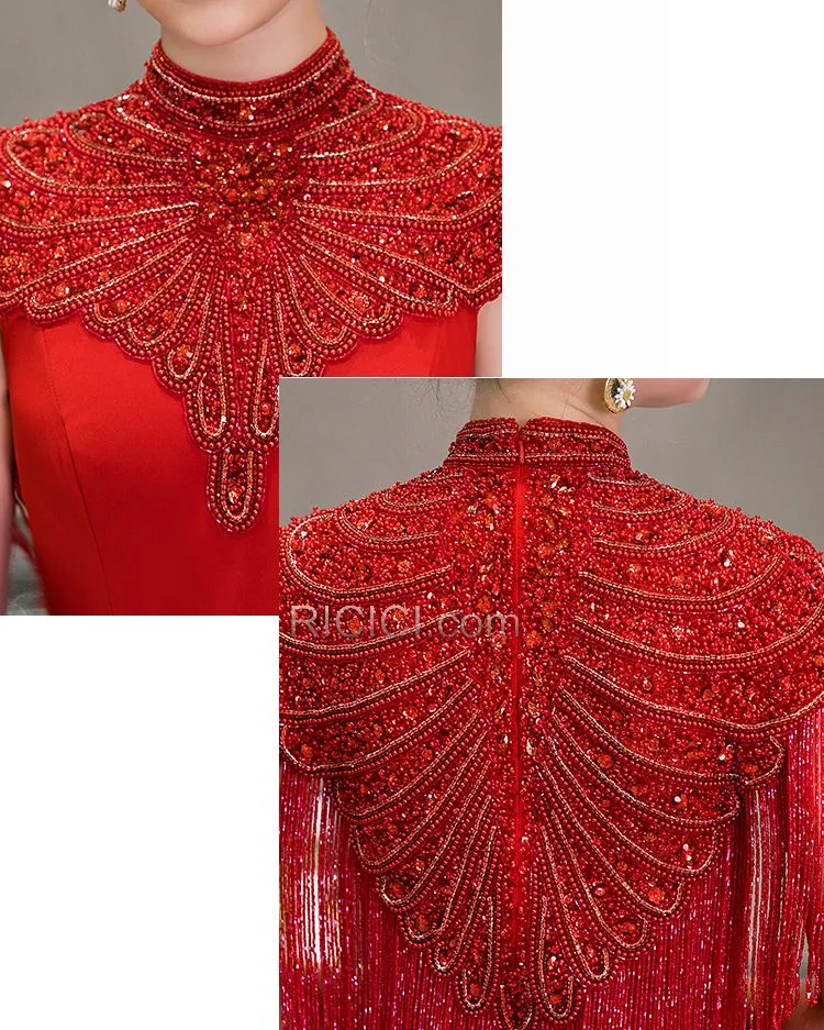 Sans Manches Robes De Soirée Rouge Strass Robe Mère De Mariée Col Haut Longue