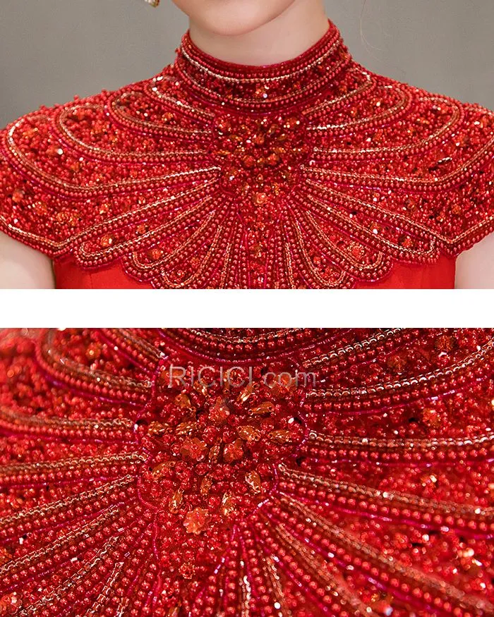 Sans Manches Robes De Soirée Rouge Strass Robe Mère De Mariée Col Haut Longue