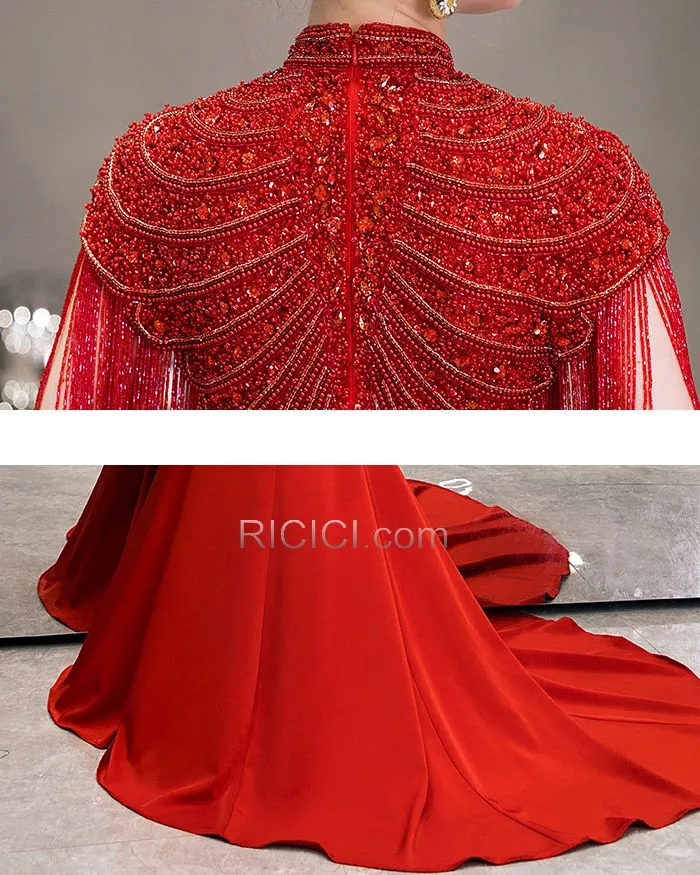 Sans Manches Robes De Soirée Rouge Strass Robe Mère De Mariée Col Haut Longue