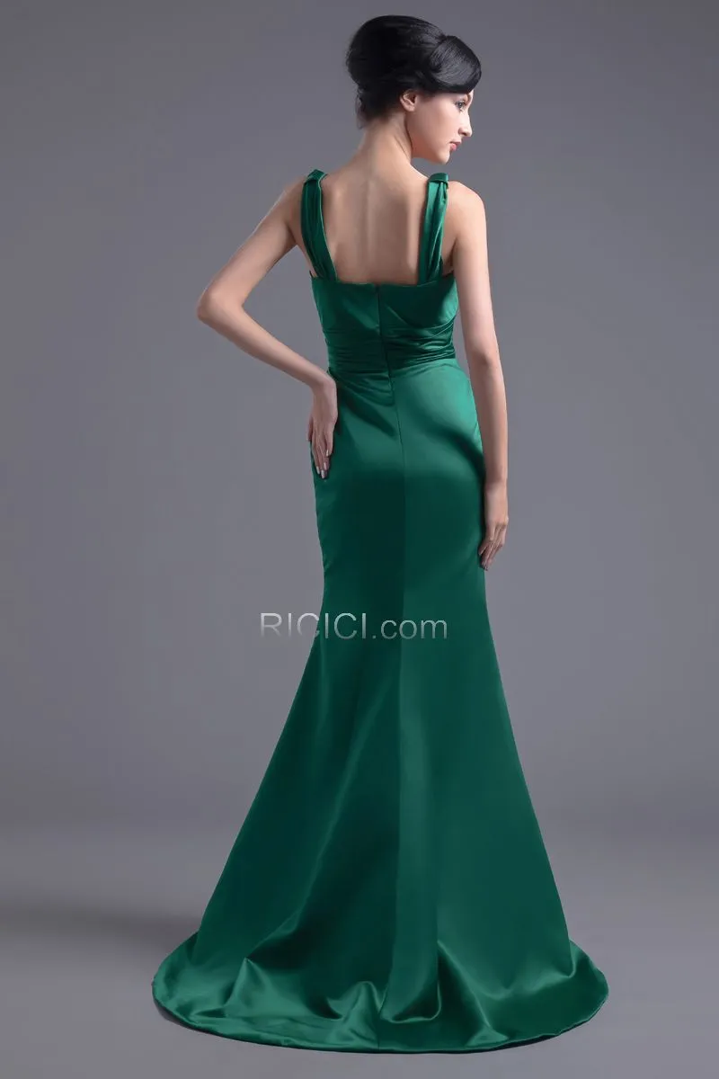 Simple Décolleté Volantée Dos Nu Robes De Soirée Demoiselle D honneur Vert Foncé Sirène Longue Satin