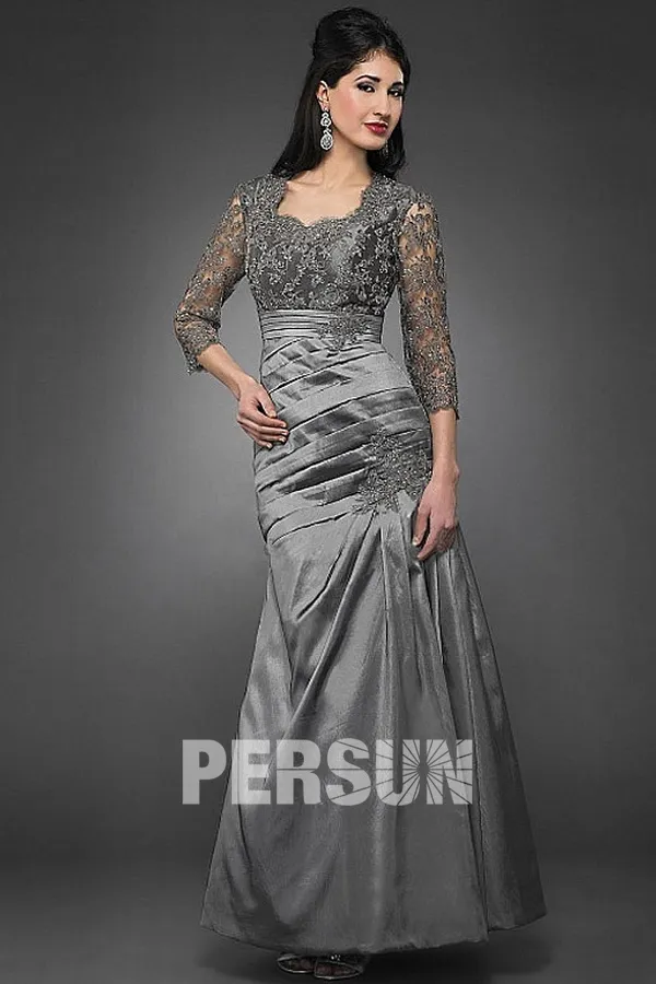 Vintage robe de soirée taffetas gris foncé trompette manches dentelle
