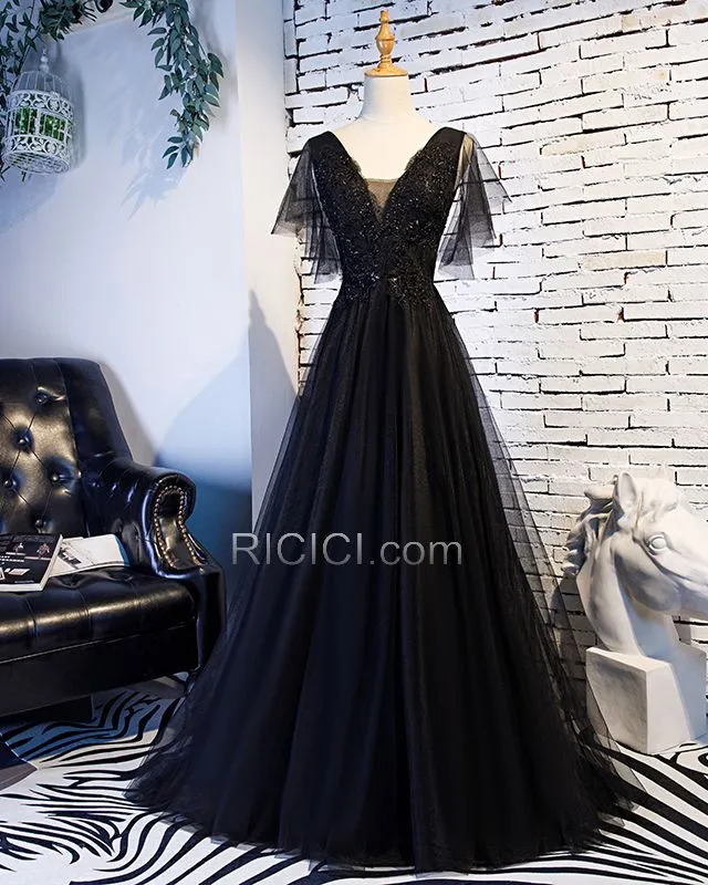 Élégant Noire Décolleté Princesse Robes De Soirée Dos Nu Dentelle Robes De Bal