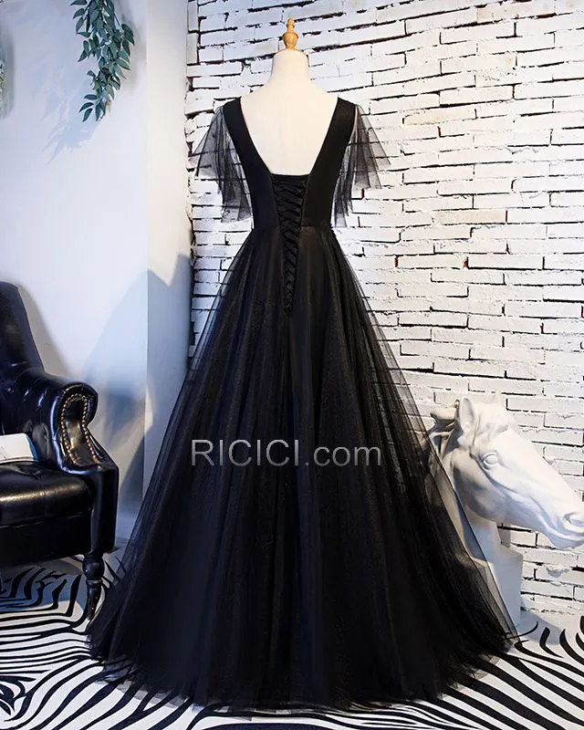 Élégant Noire Décolleté Princesse Robes De Soirée Dos Nu Dentelle Robes De Bal