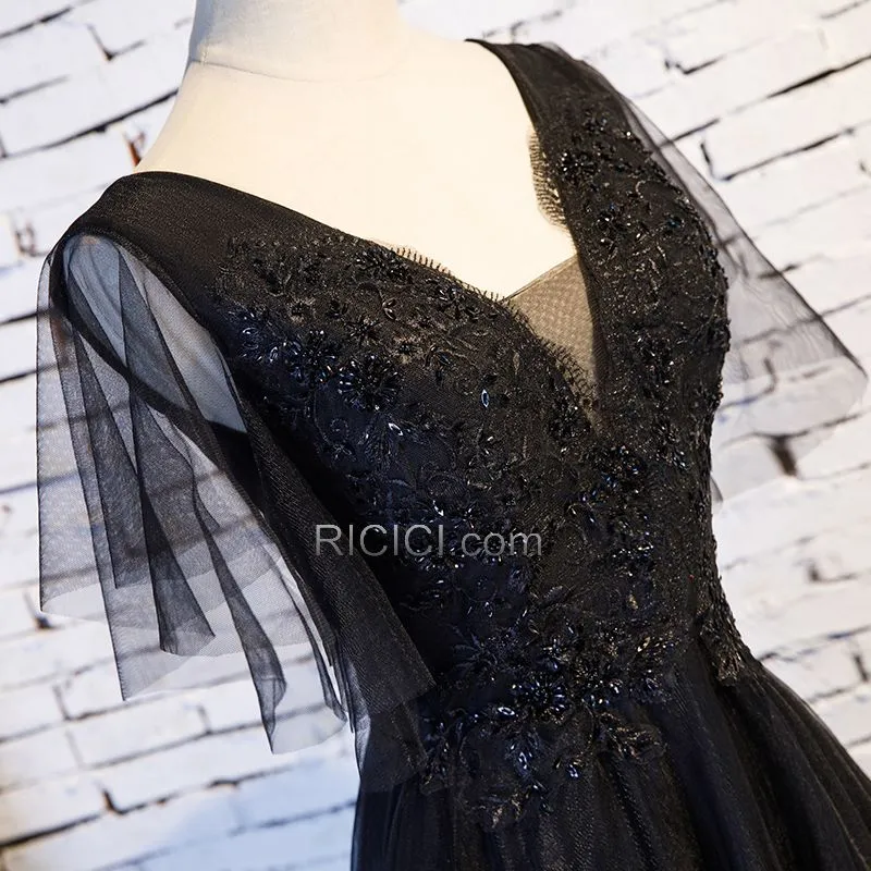 Élégant Noire Décolleté Princesse Robes De Soirée Dos Nu Dentelle Robes De Bal